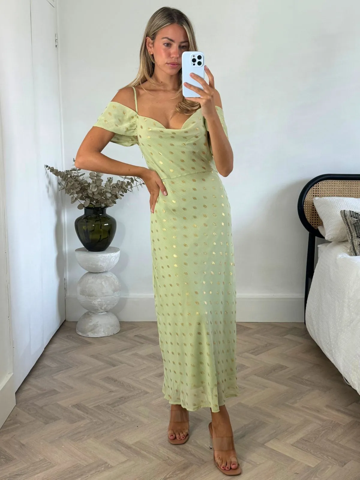 Cool Season Brylee Cowl Neck Cold Shoulder Midaxi Dress in Sage & Gold