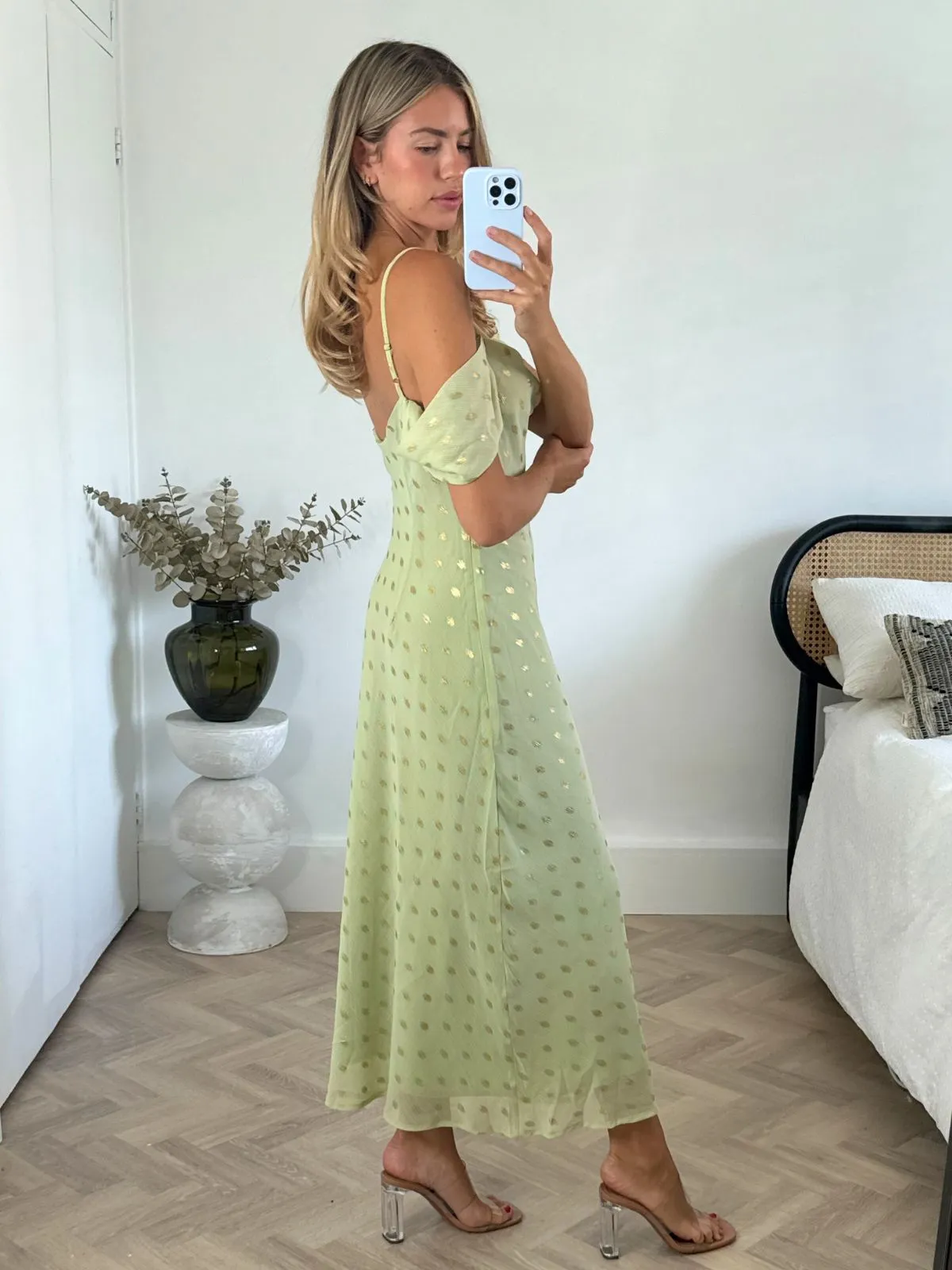 Brylee Cowl Neck Cold Shoulder Midaxi Dress in Sage & Gold Cozy Layers Cap-Sleeve