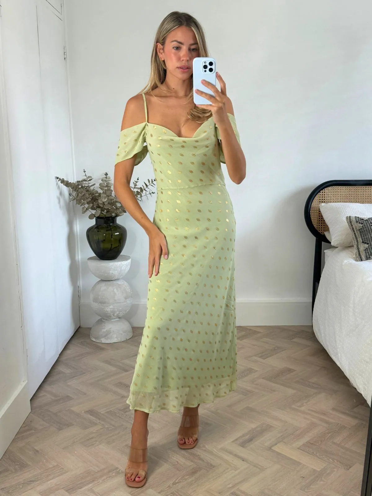 Work Fit Smooth Curve Brylee Cowl Neck Cold Shoulder Midaxi Dress in Sage & Gold