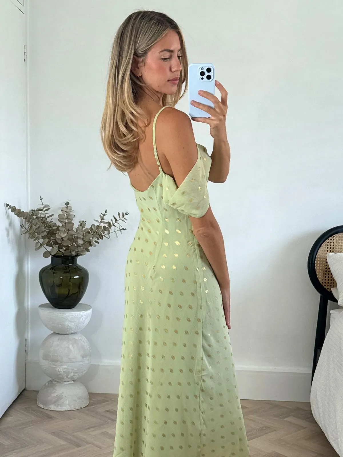 Brylee Cowl Neck Cold Shoulder Midaxi Dress in Sage & Gold Subtle Lines