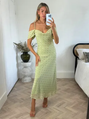 Fresh Clothing Brylee Cowl Neck Cold Shoulder Midaxi Dress in Sage & Gold Work Fit Smooth Curve Brylee Cowl Neck Cold Shoulder Midaxi Dress in Sage & Gold