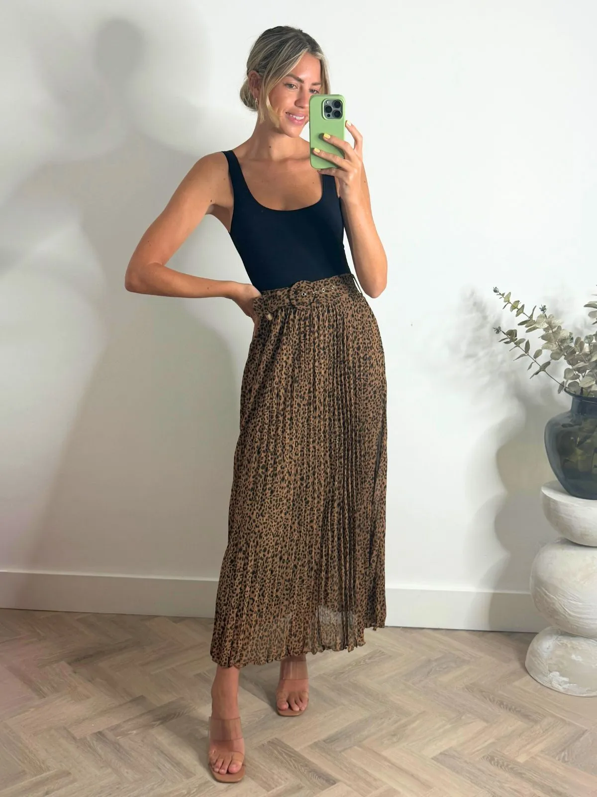 High Density Weave Mix Separates Demi Pleated Midi Skirt / Animal
