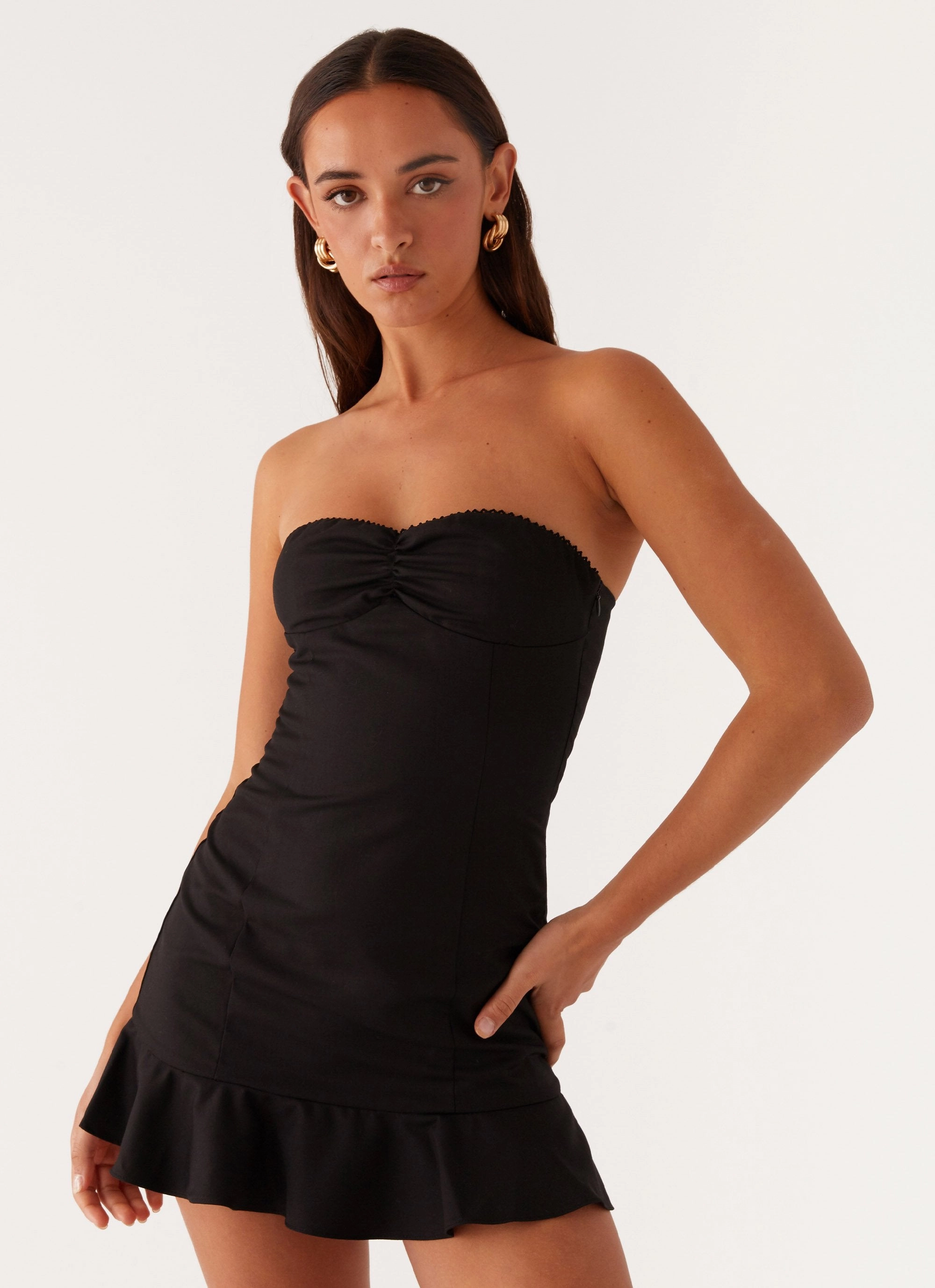 Delmi Bustier Mini Dress - Black Ruffle-Detail