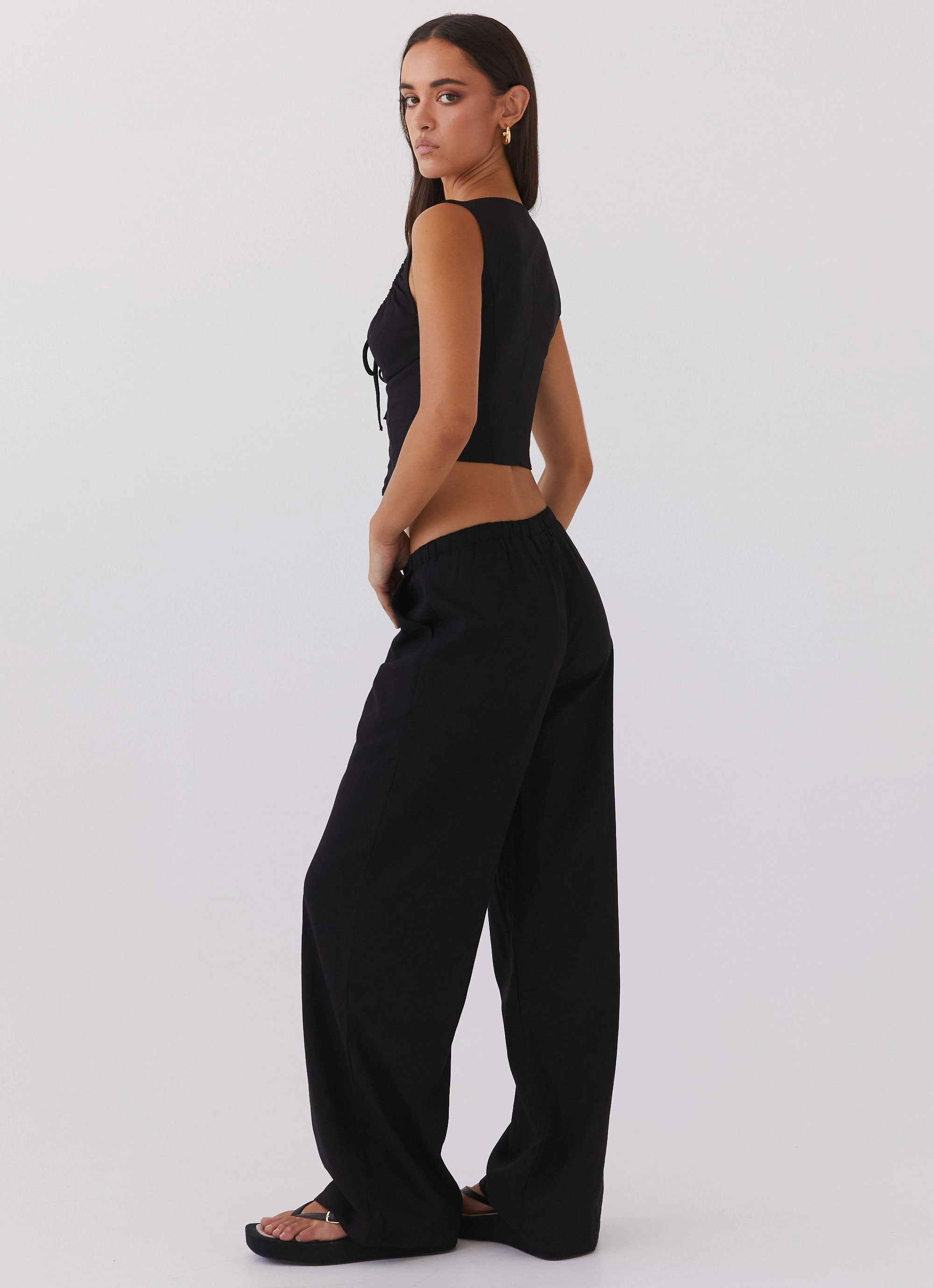 Flexible Knit ElasticWaistband Fresh Face Linen Pants - Black