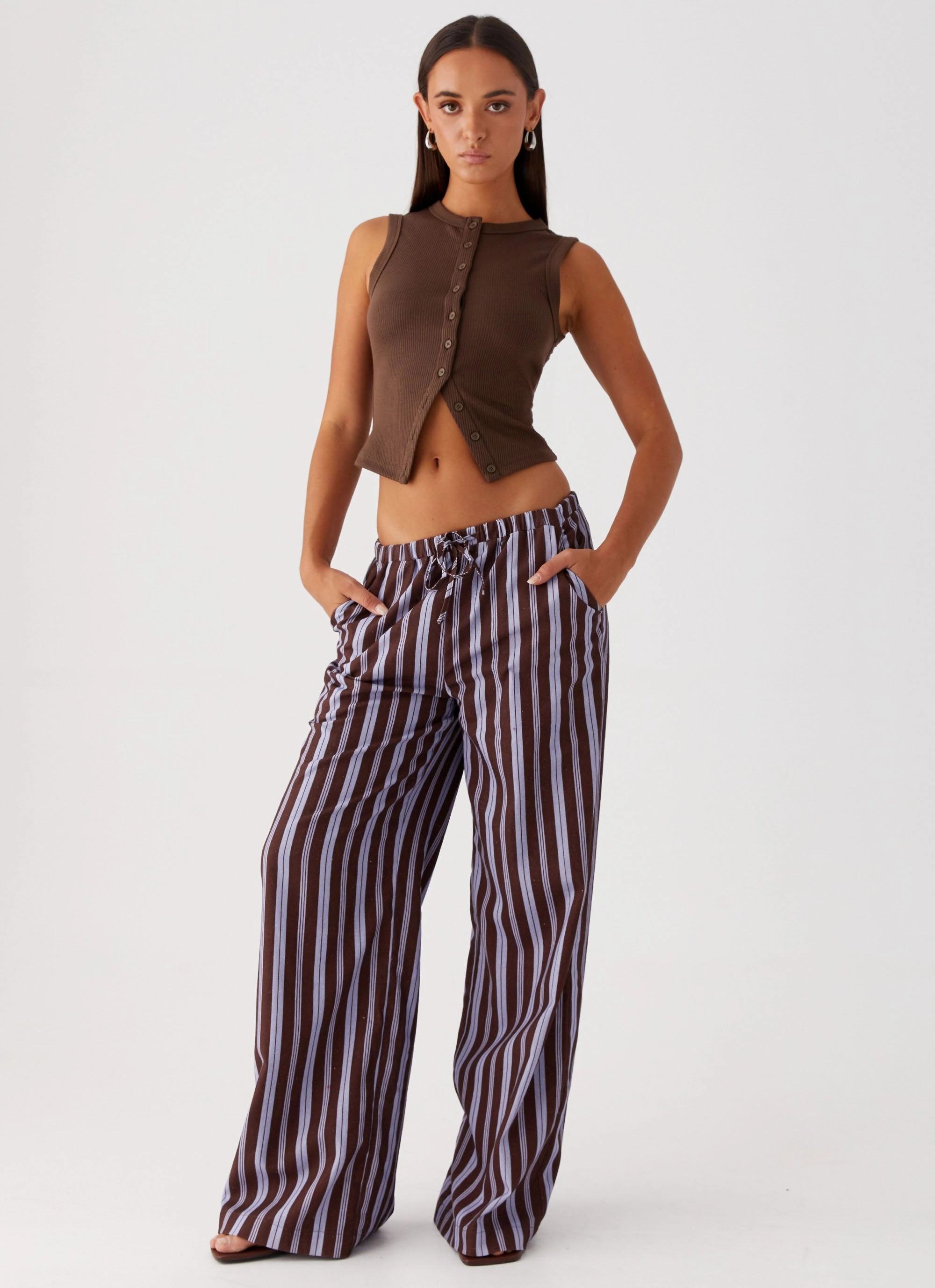 Fresh Face Linen Pants - Purple Brown Stripe EcoFriendlyMaterial
