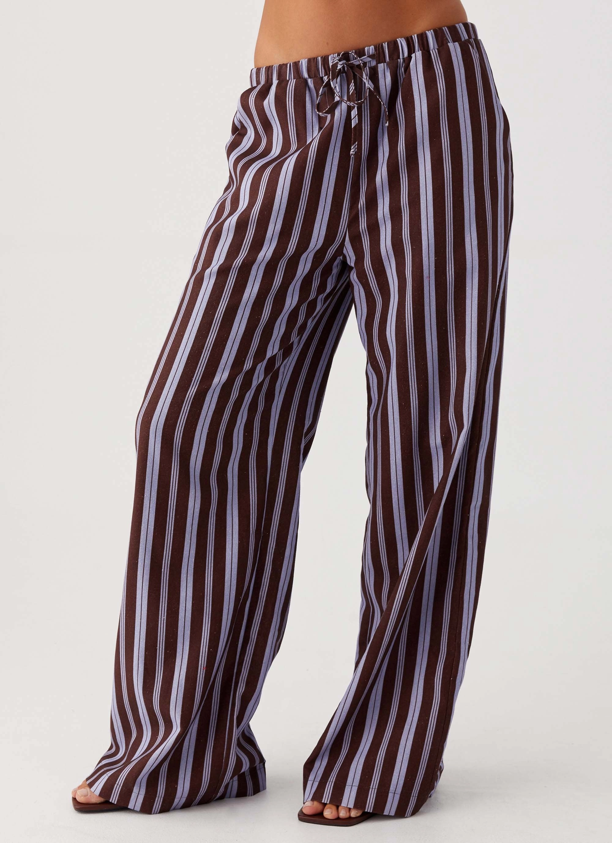 Fresh Face Linen Pants - Purple Brown Stripe Temperature Regulating Versatile Wear