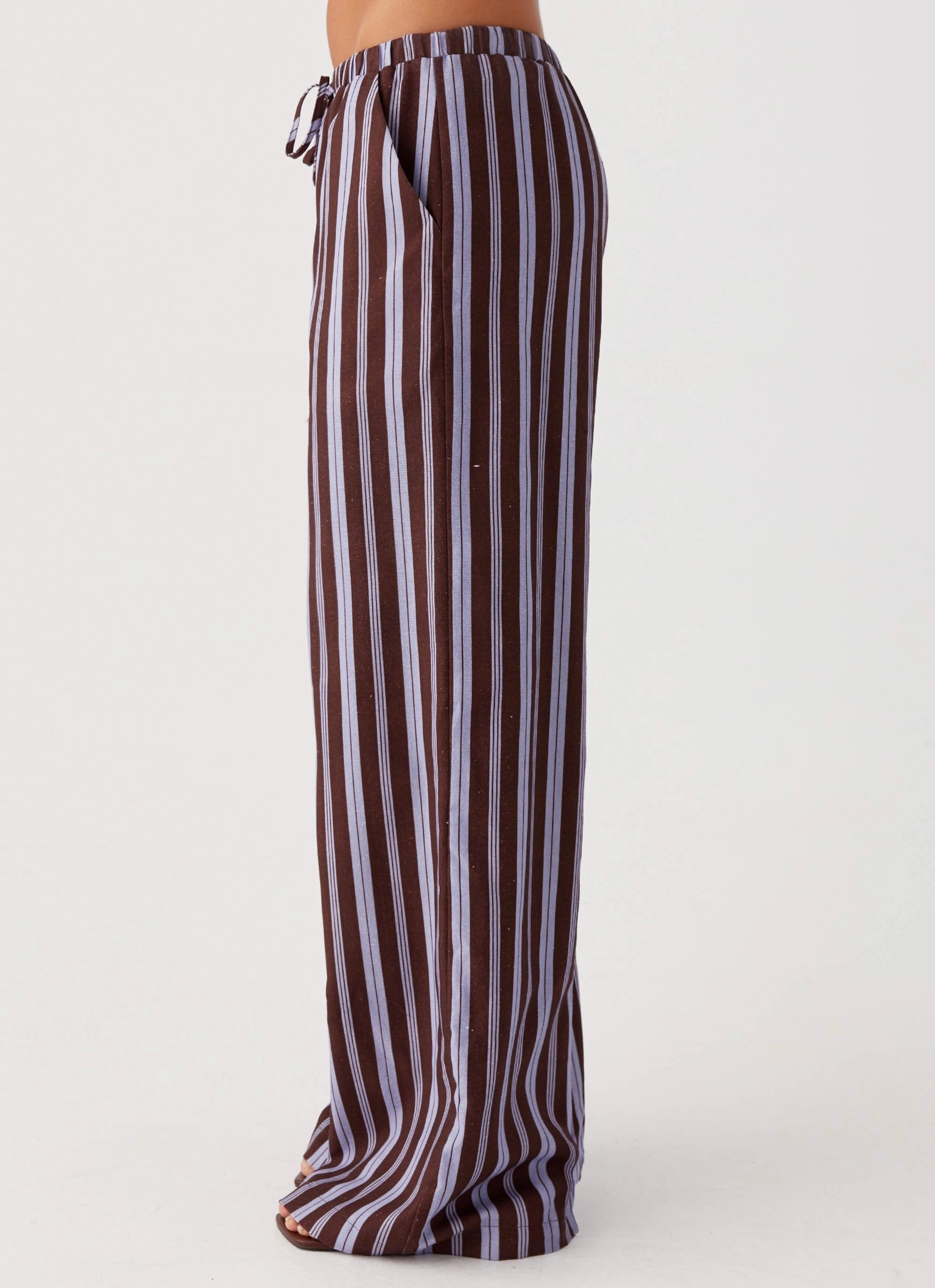 Casual Vibes AntiSnagZippers Fresh Face Linen Pants - Purple Brown Stripe