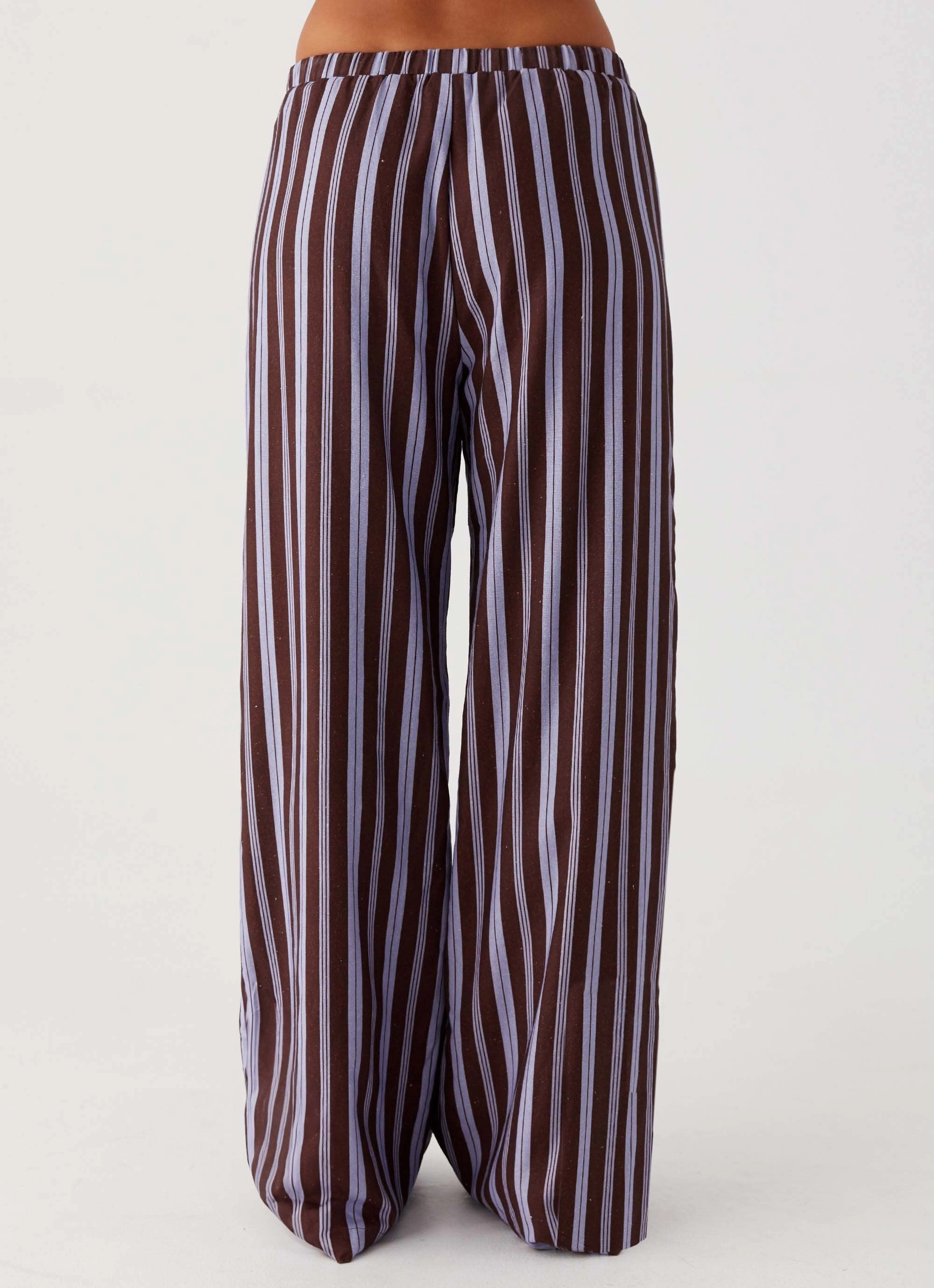 Flexible Gusset Fresh Face Linen Pants - Purple Brown Stripe