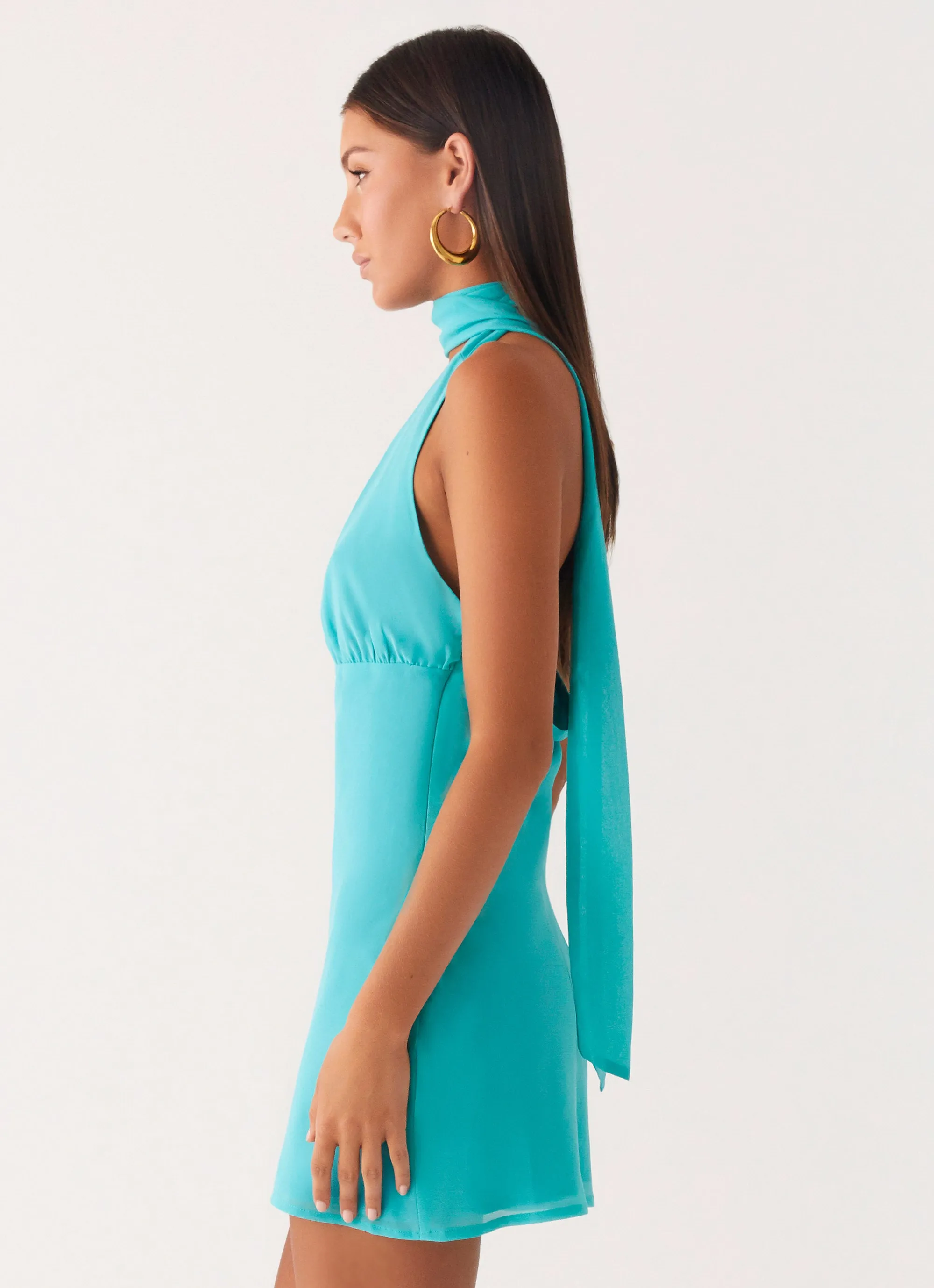 Melisande Scarf Neck Mini Dress - Aqua Blue Embroidered Logo