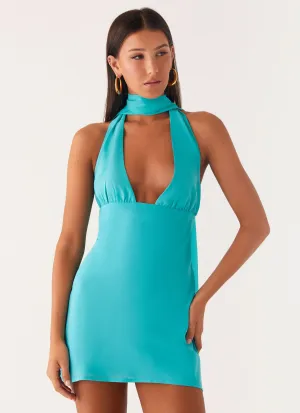 Melisande Scarf Neck Mini Dress - Aqua Blue Tailored Cuffs UV Protective Fabric