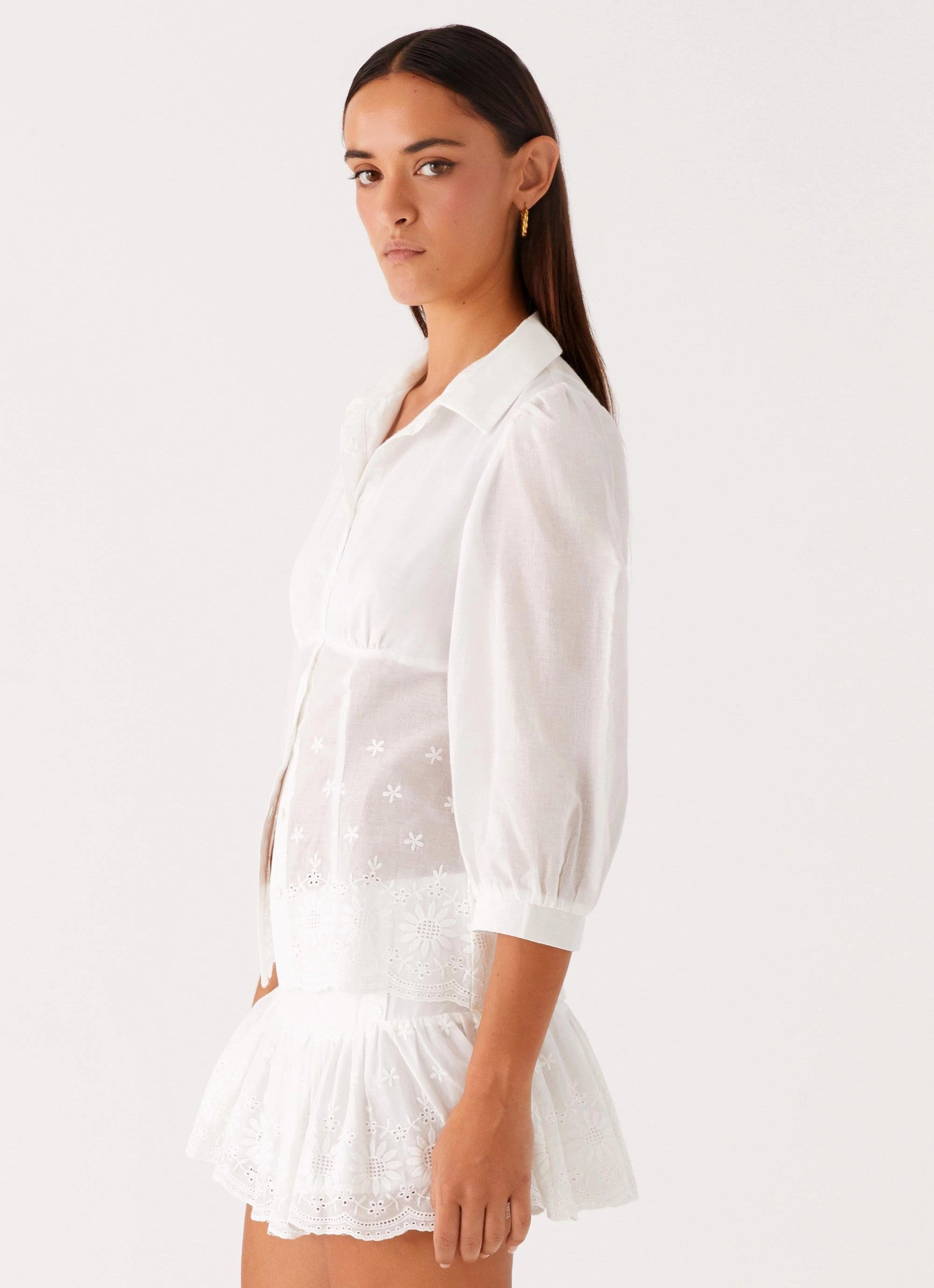 Rolled Hem Detailing Frida Broderie Top - White