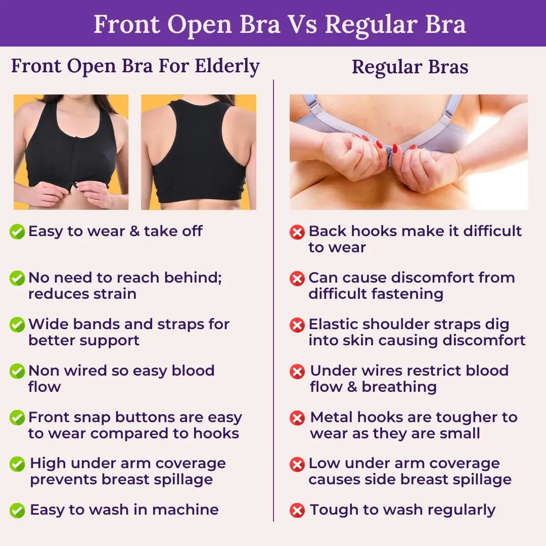 Front Open Bra For Elderly | Non Padded | Non Wired | Racerback | Full Coverage | 3 Pack