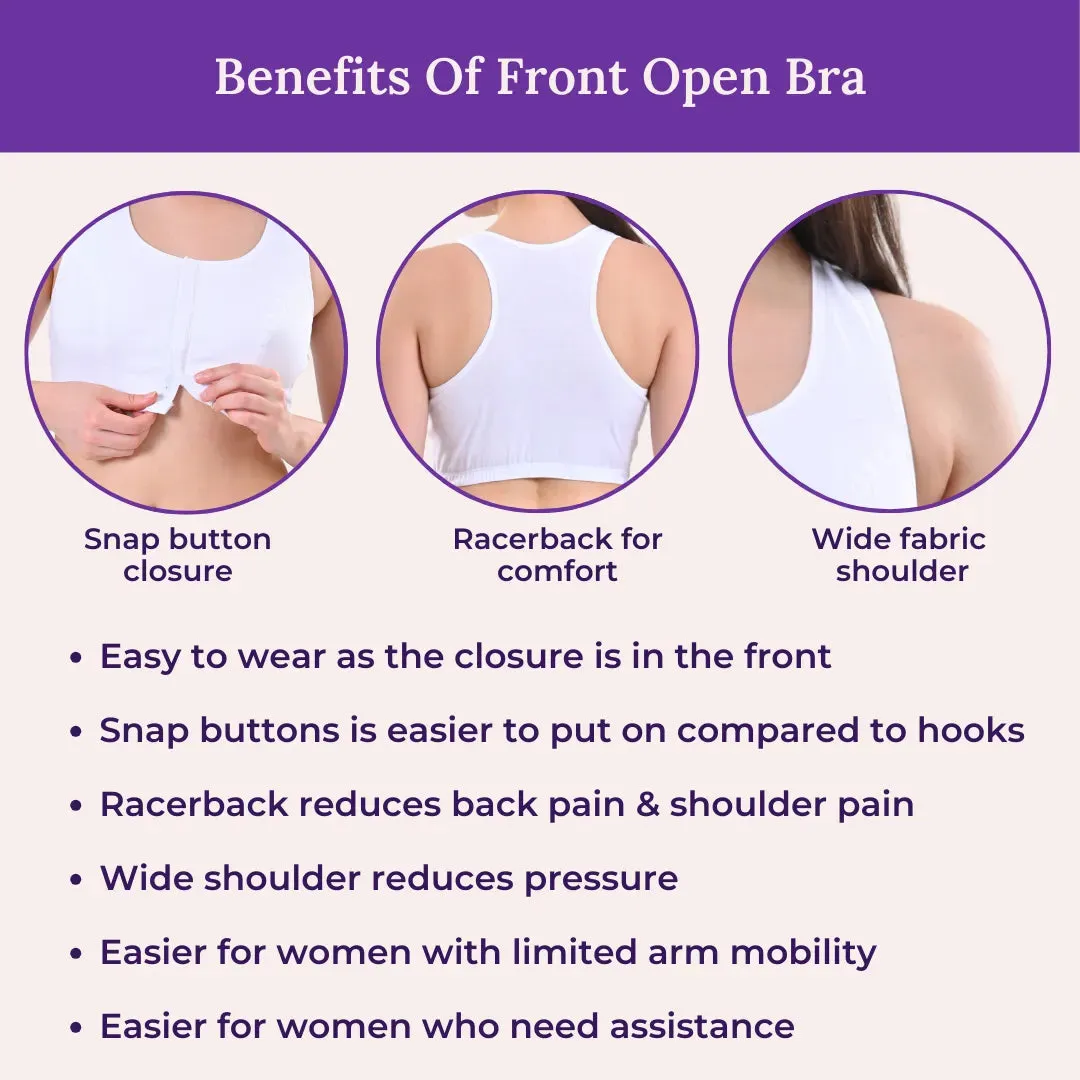 Front Open Bra For Elderly | Non Padded | Non Wired | Racerback | Full Coverage | 3 Pack