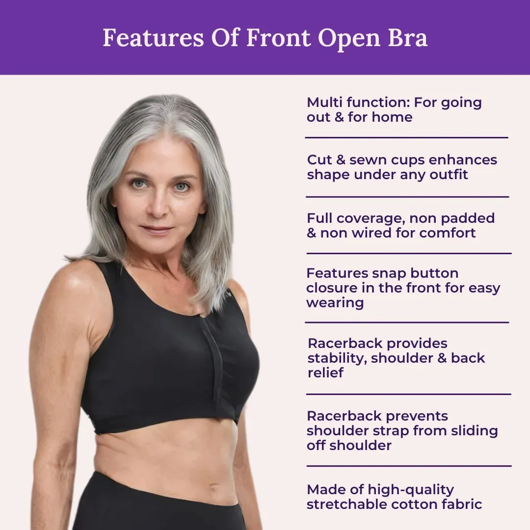 Front Open Bra For Elderly | Non Padded | Non Wired | Racerback | Full Coverage | 3 Pack