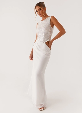 Above Ground Sequin Maxi Dress - White perfect for events Contrast-Panel
