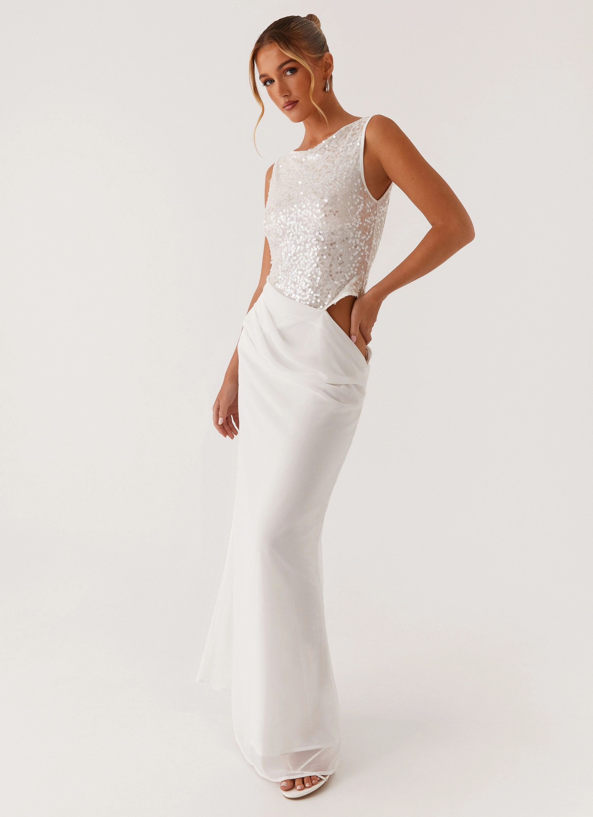 Above Ground Sequin Maxi Dress - White perfect for events Contrast-Panel
