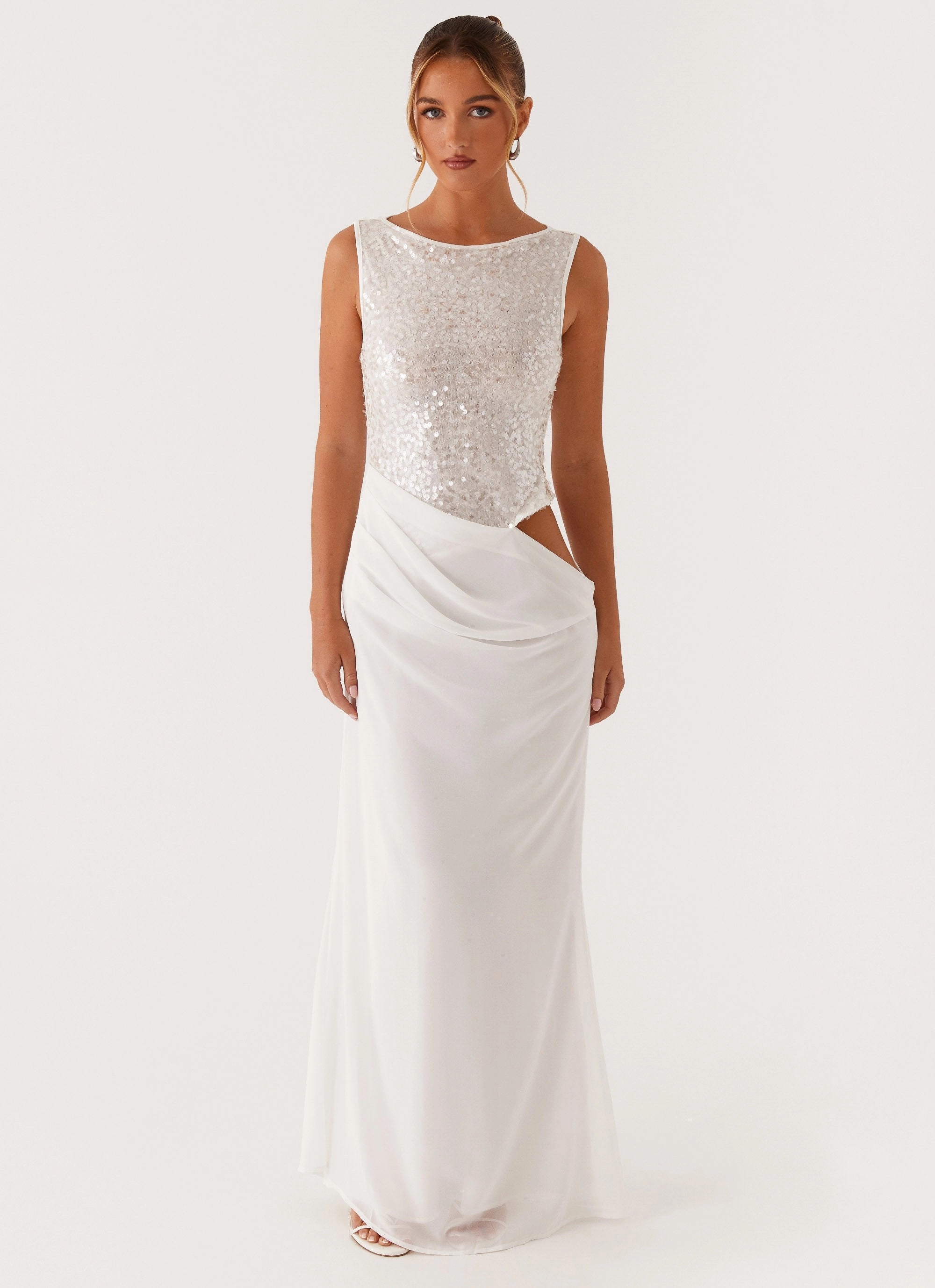 Above Ground Sequin Maxi Dress - White Sculpted Detail