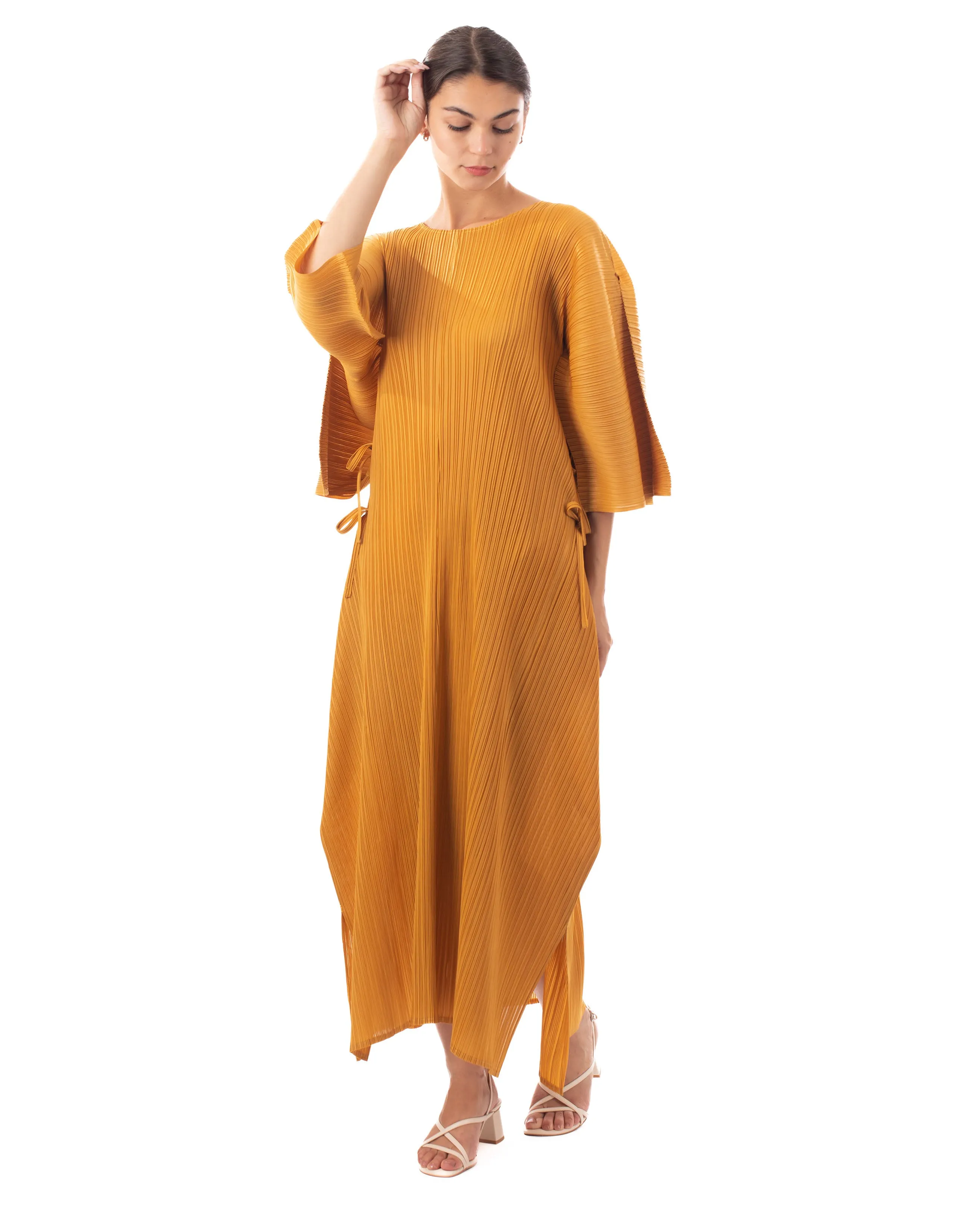 Full Length Pleated maxi dress with cap sleeves in mustard yellow