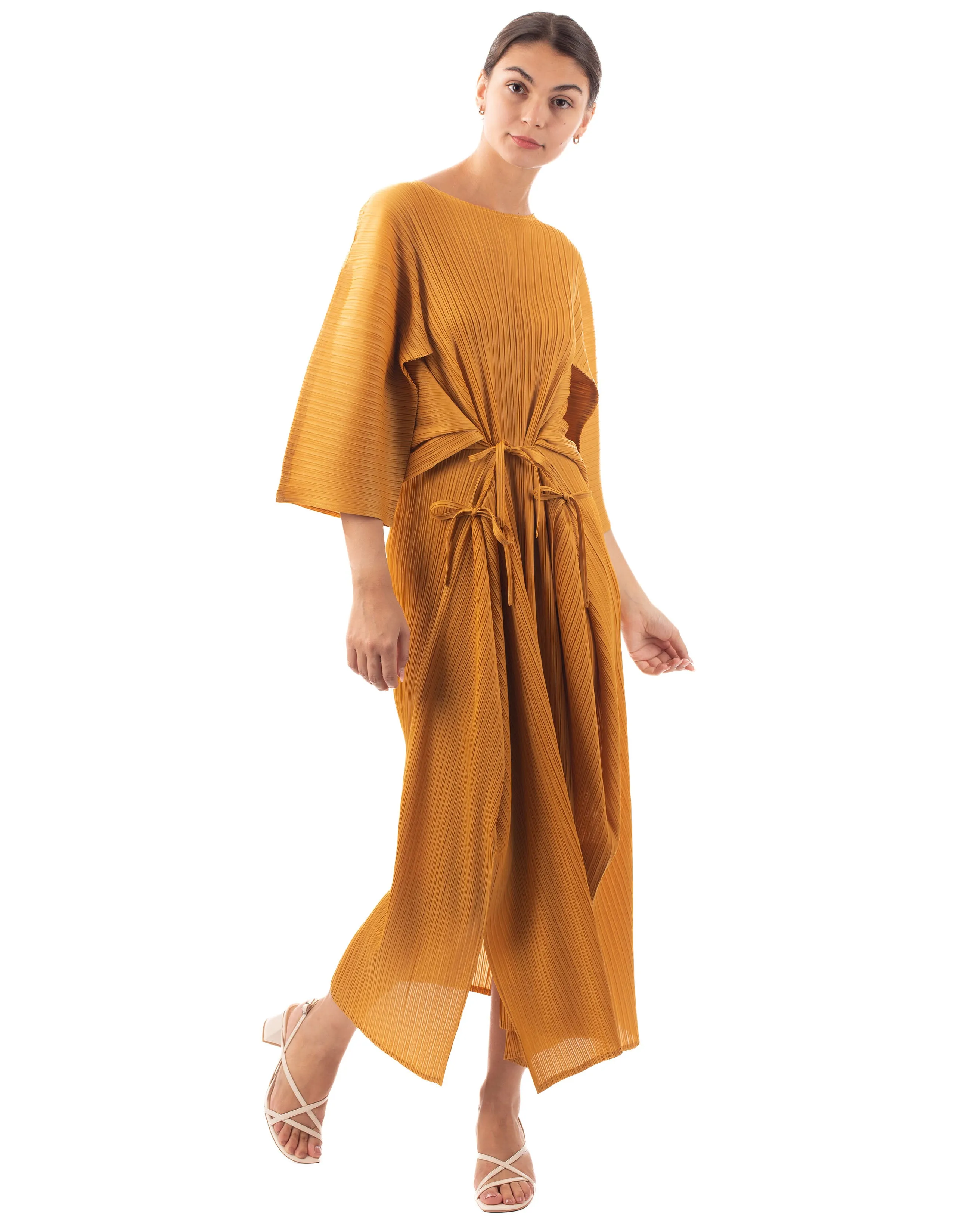 Full Length Pleated maxi dress with cap sleeves in mustard yellow