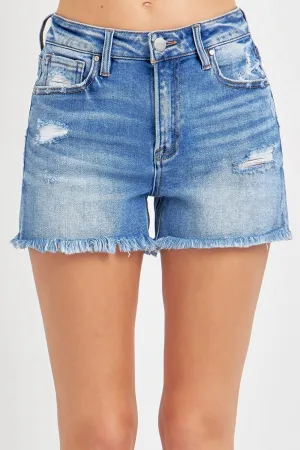 Full Size High Rise Distressed Raw Hem Denim Shorts