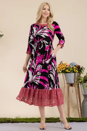 Full Size Paisley Print Lace Ruffled Midi Dress