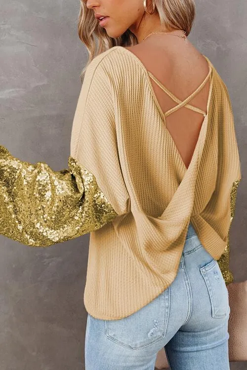 Full Size Women's Sequin Waffle-Knit Resort Top