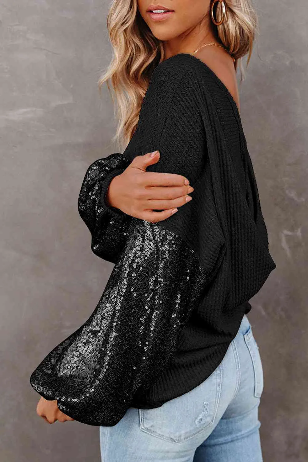 Full Size Women's Sequin Waffle-Knit Resort Top