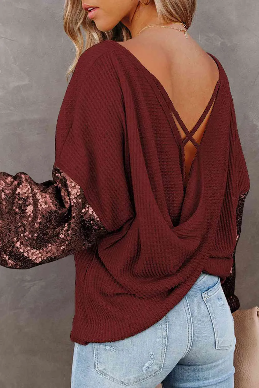 Full Size Women's Sequin Waffle-Knit Resort Top