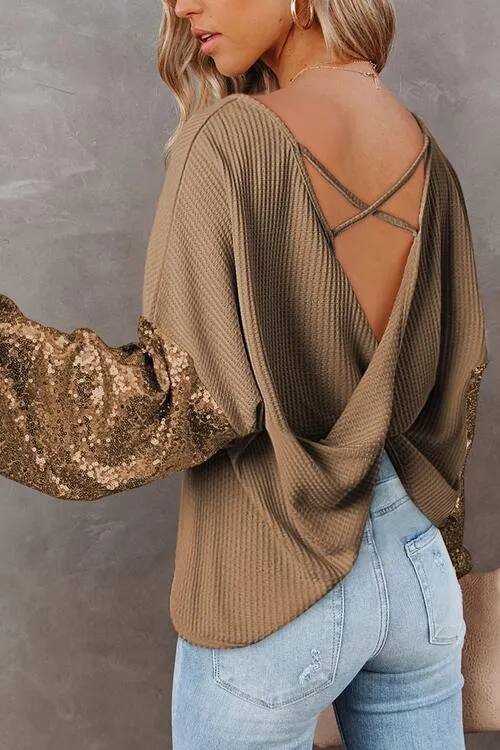Full Size Women's Sequin Waffle-Knit Resort Top