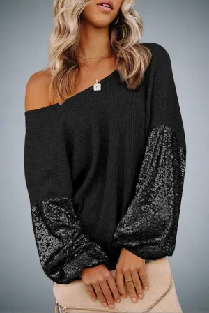 Full Size Women's Sequin Waffle-Knit Resort Top