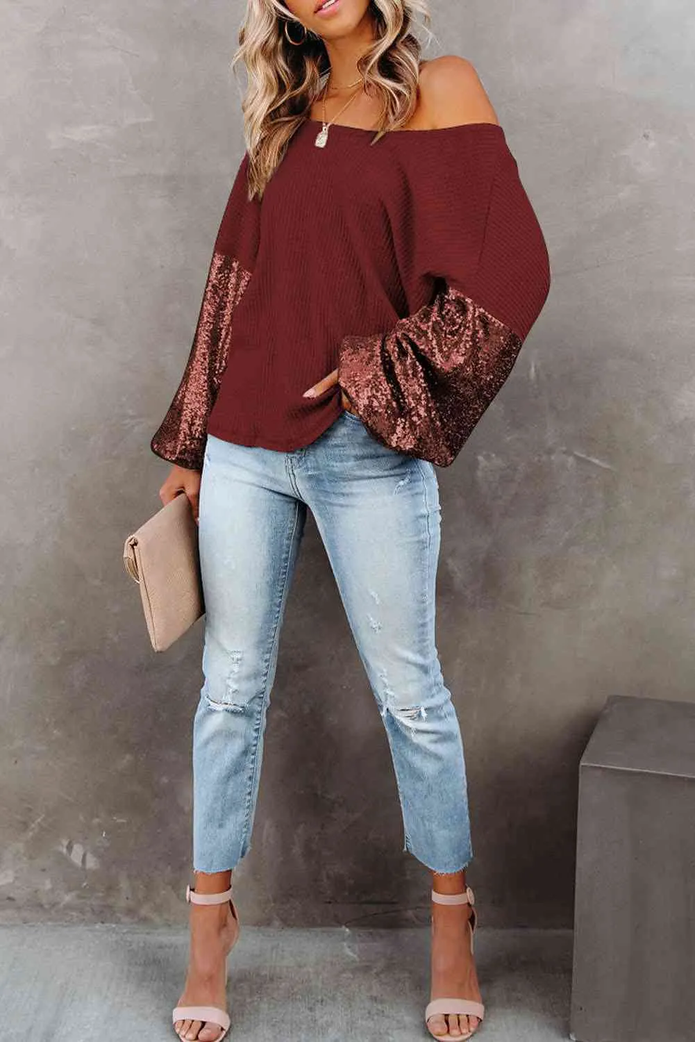 Full Size Women's Sequin Waffle-Knit Resort Top