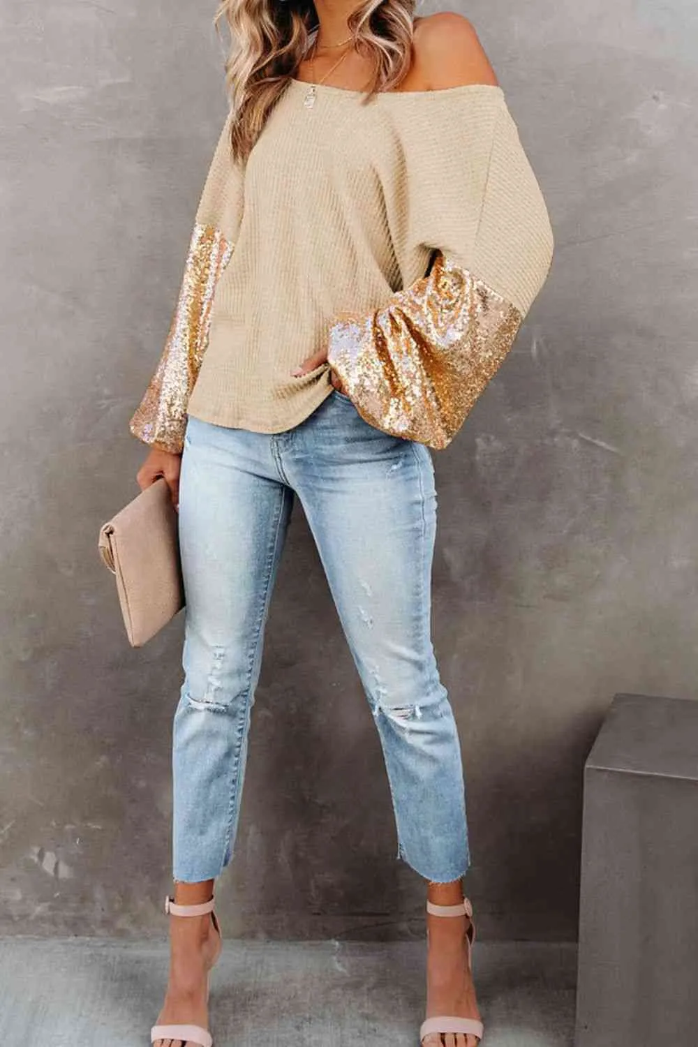 Full Size Women's Sequin Waffle-Knit Resort Top