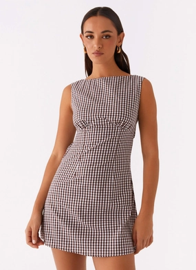 Fully Lined Lotus Tie Back Mini Dress - Chocolate Gingham Lounge Outfit Feminine fit-and-flare silhouette Lotus Tie Back Mini Dress - Chocolate Gingham