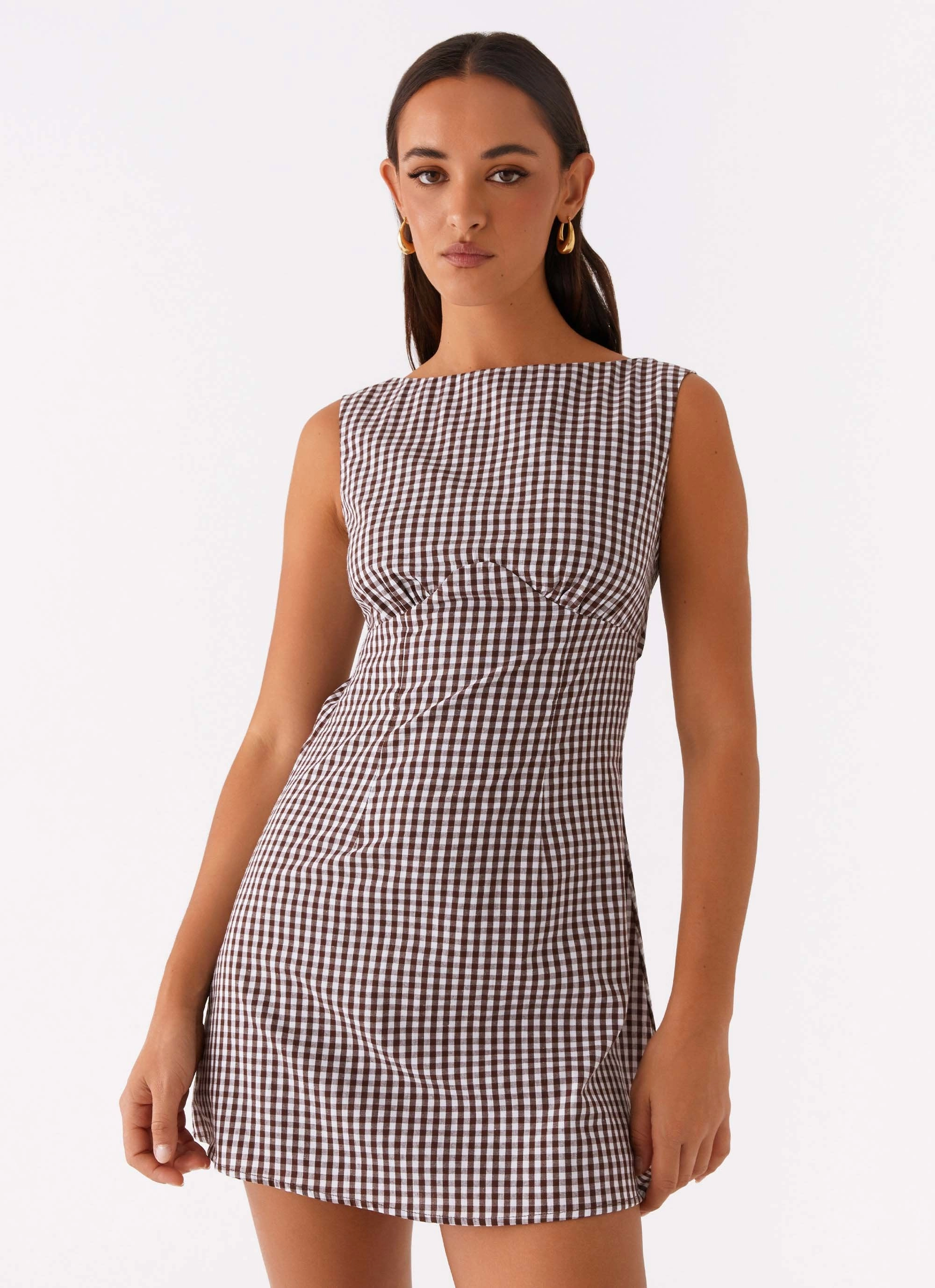 Lounge Outfit Feminine fit-and-flare silhouette Lotus Tie Back Mini Dress - Chocolate Gingham