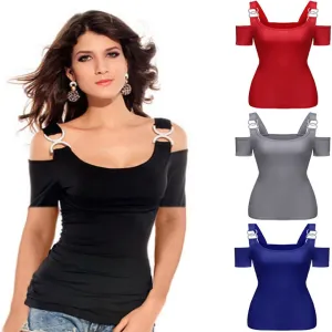 Funki Buys | Shirts | Women's Off Shoulder Metal Buckle T-shirt