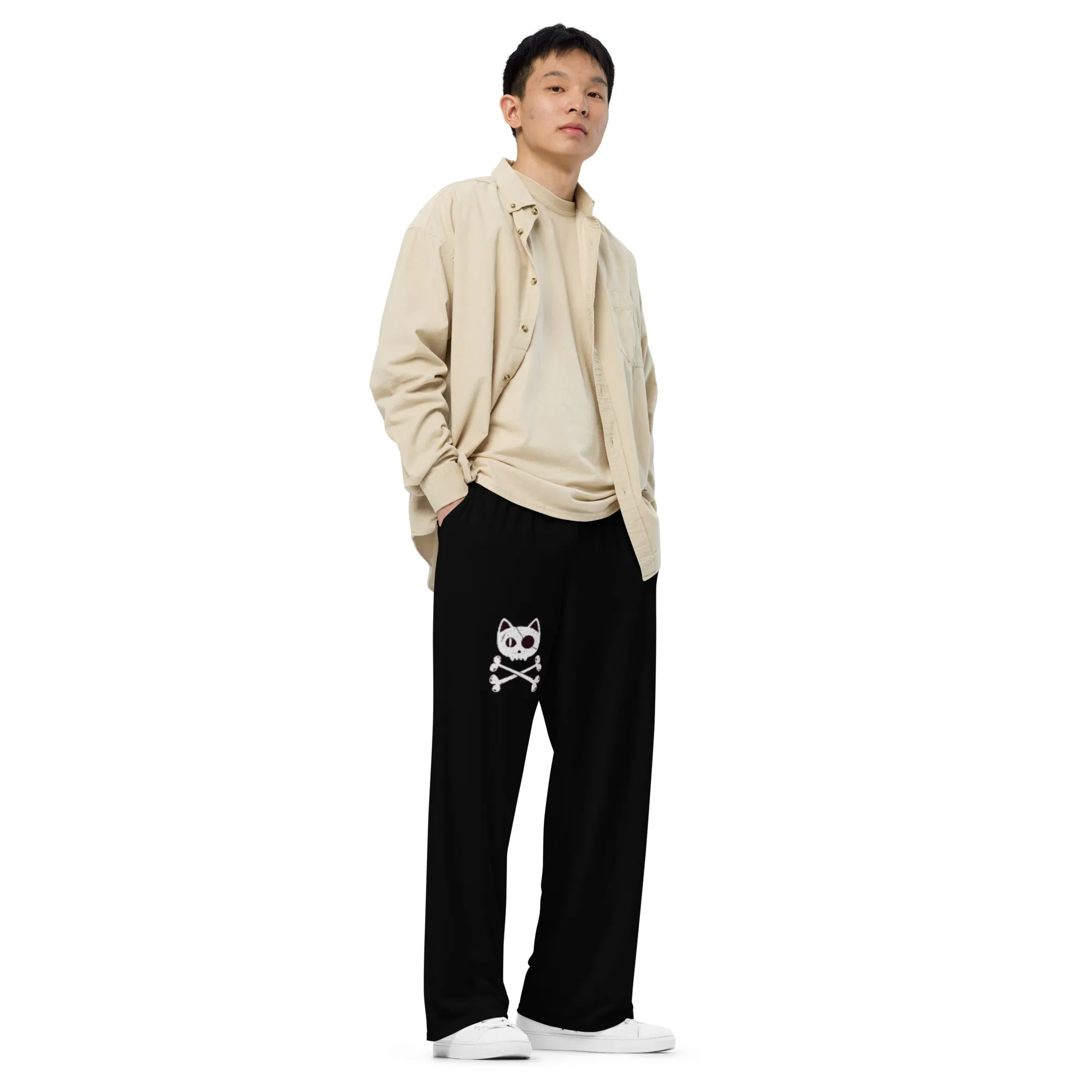 Funny Cat Skull & Crossbones All-over print black unisex wide-leg pants