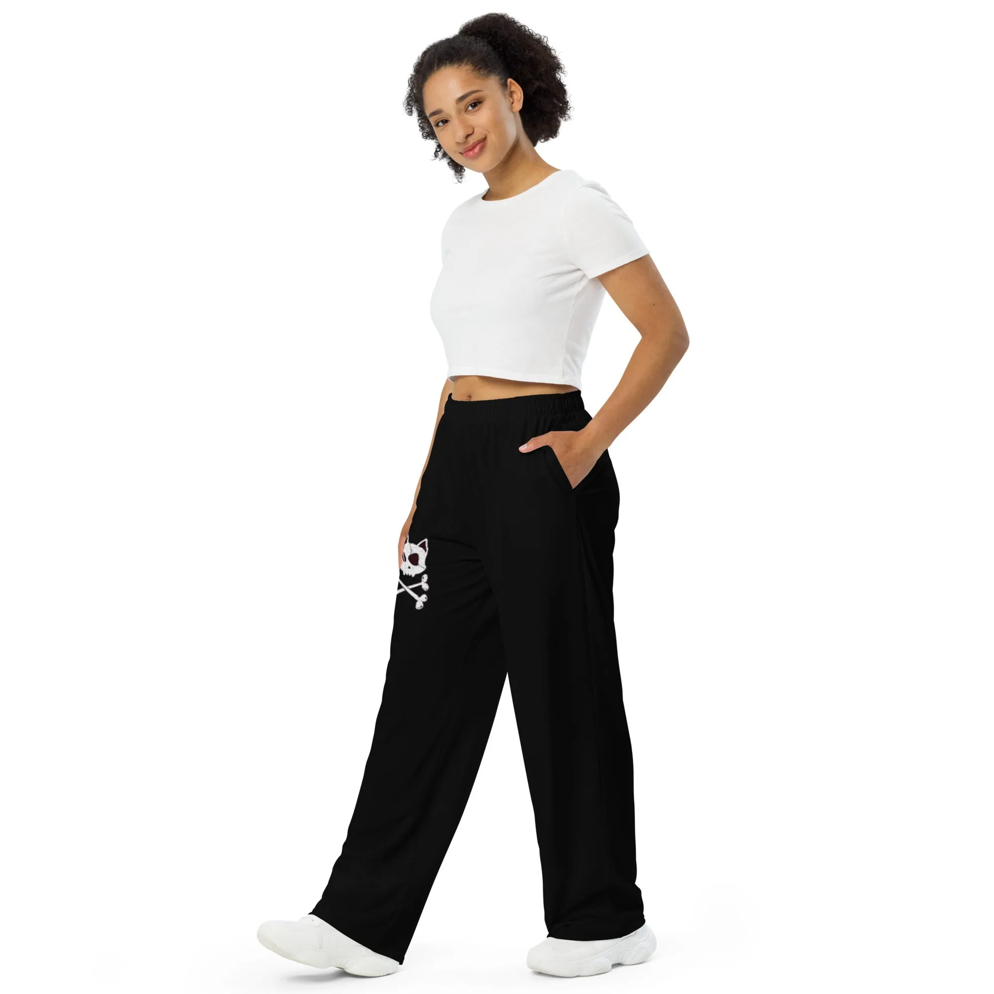 Funny Cat Skull & Crossbones All-over print black unisex wide-leg pants