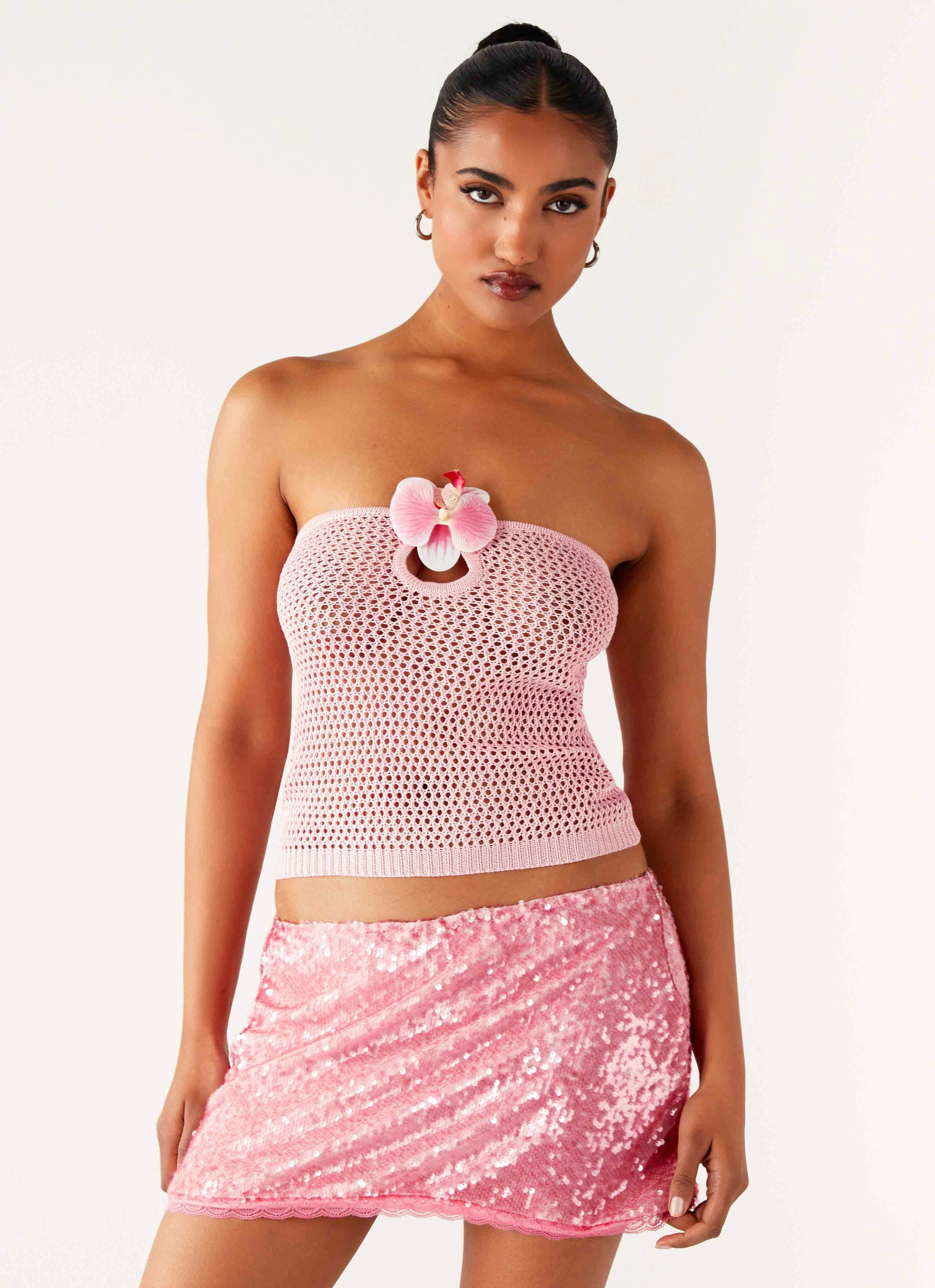 AntiPillingTechnology NonRestrictiveCollar Wind Resistant Weave Galia Crochet Top - Pink