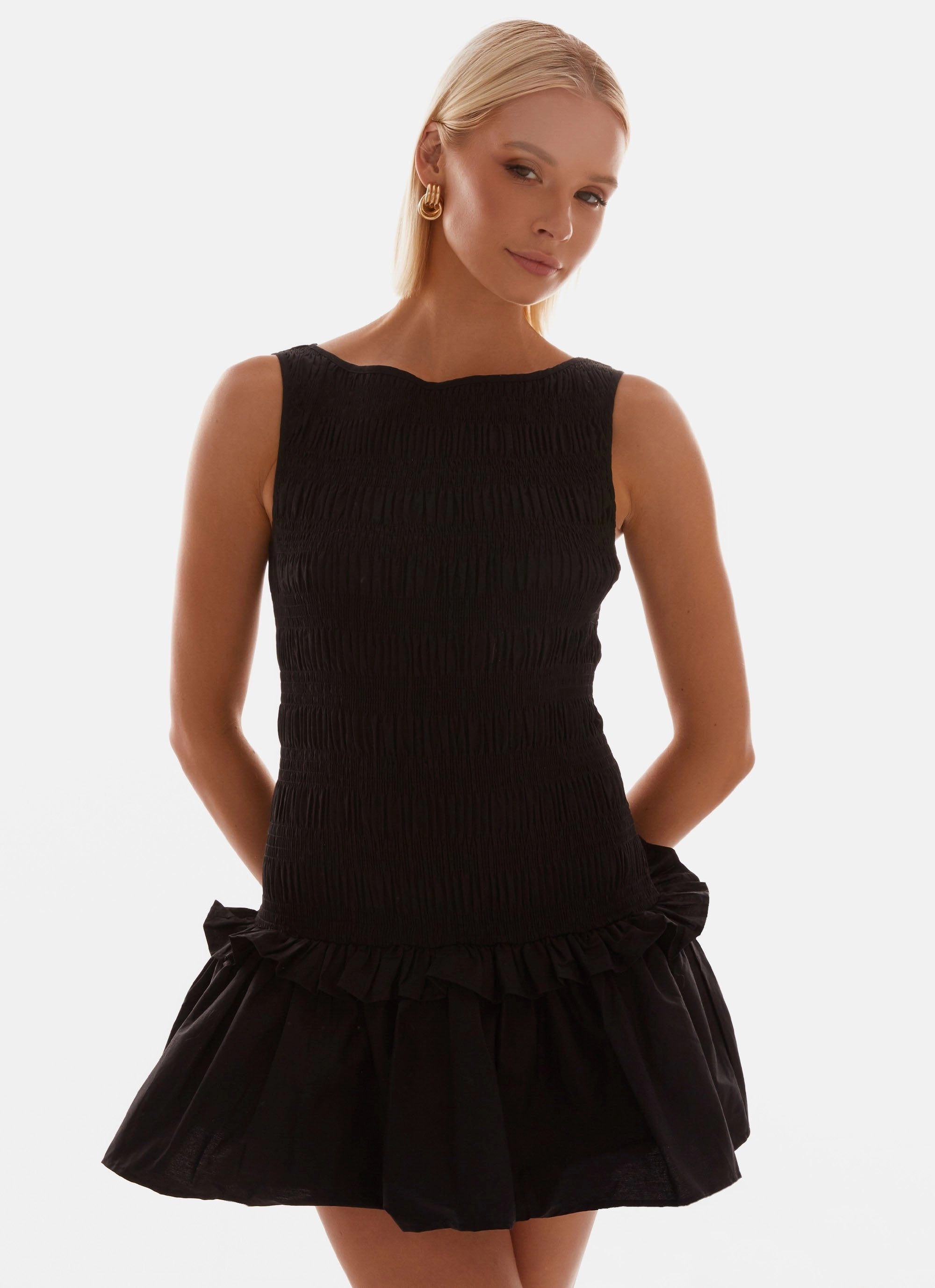 Garden Kisses Shirred Mini Dress - Black Polished Look