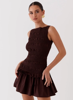 Garden Kisses Shirred Mini Dress - Chocolate Metallic look Garden Kisses Shirred Mini Dress - Chocolate French Vibe Fresh Stitch