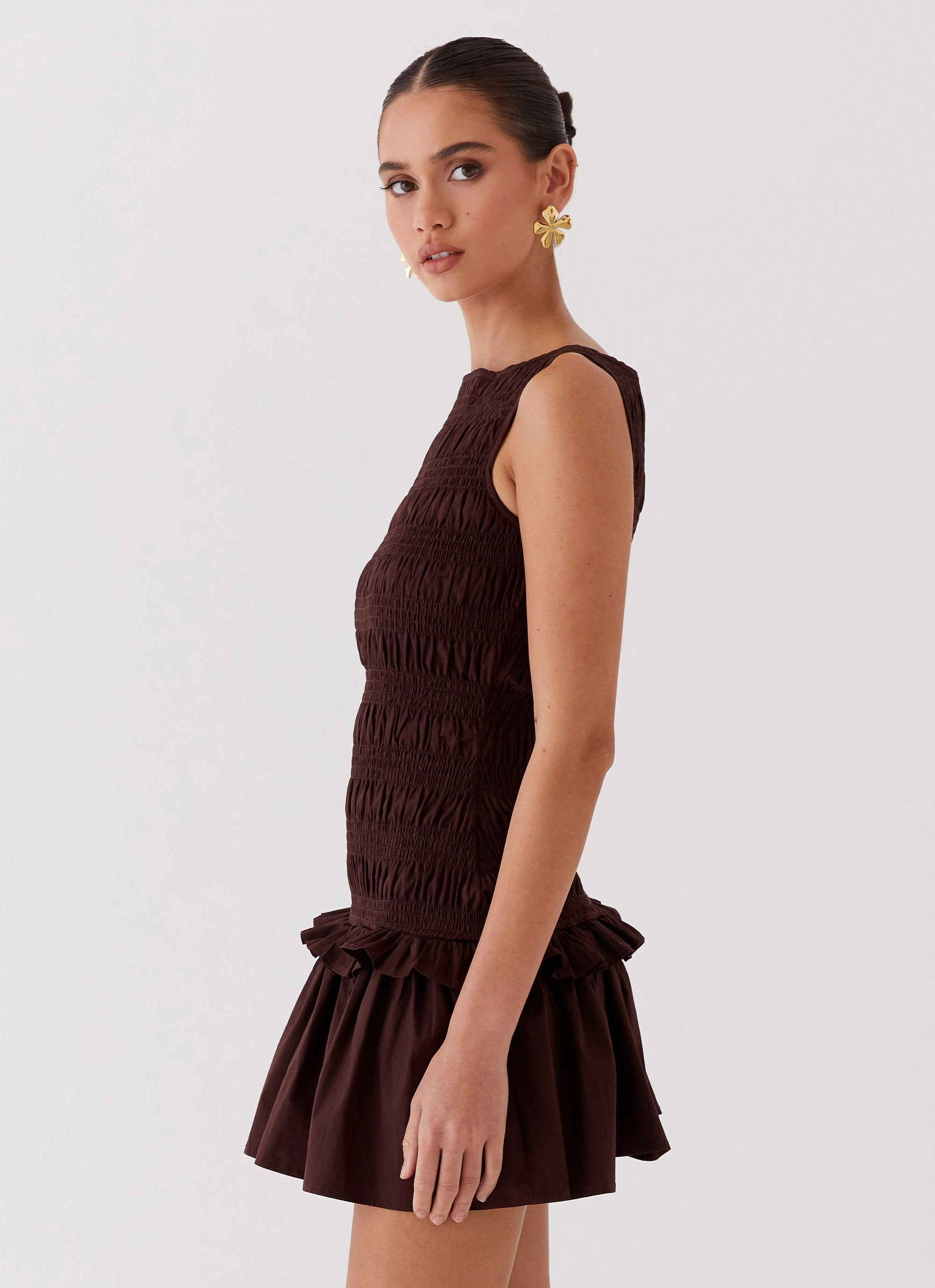 Garden Kisses Shirred Mini Dress - Chocolate Family Warm