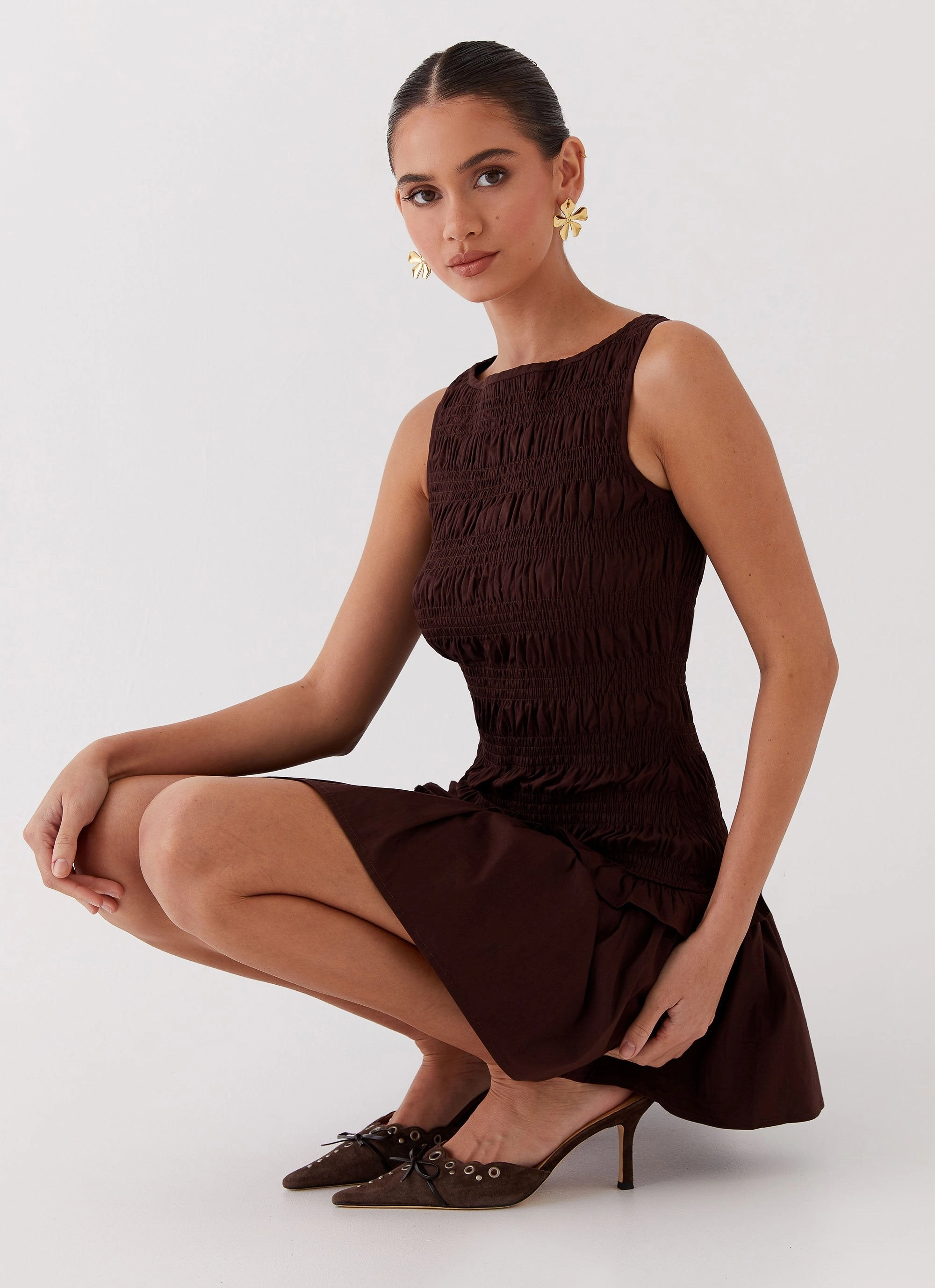 Garden Kisses Shirred Mini Dress - Chocolate Comfortable fit dress for all body types Smart Texture