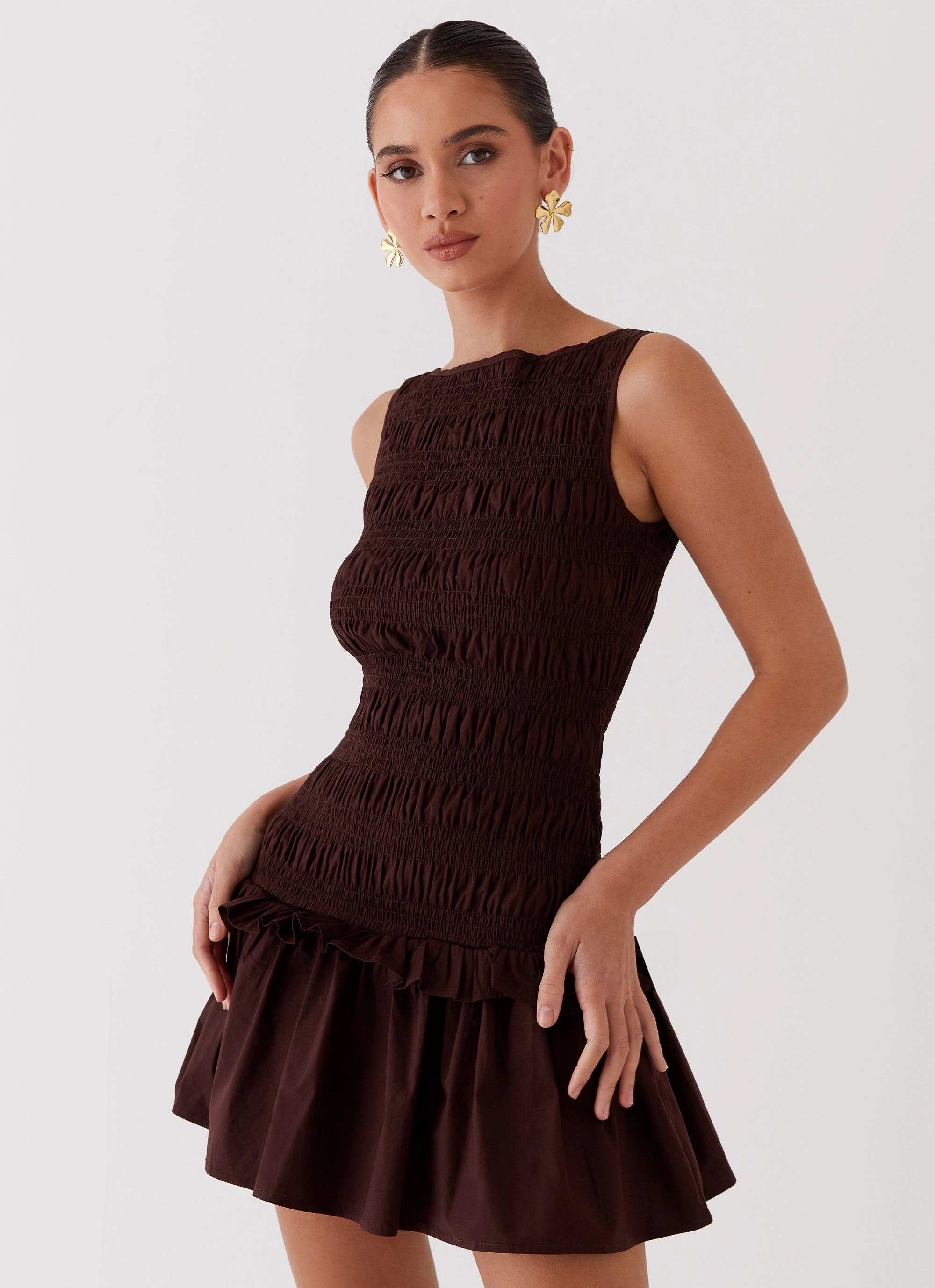 Garden Kisses Shirred Mini Dress - Chocolate French Vibe Fresh Stitch