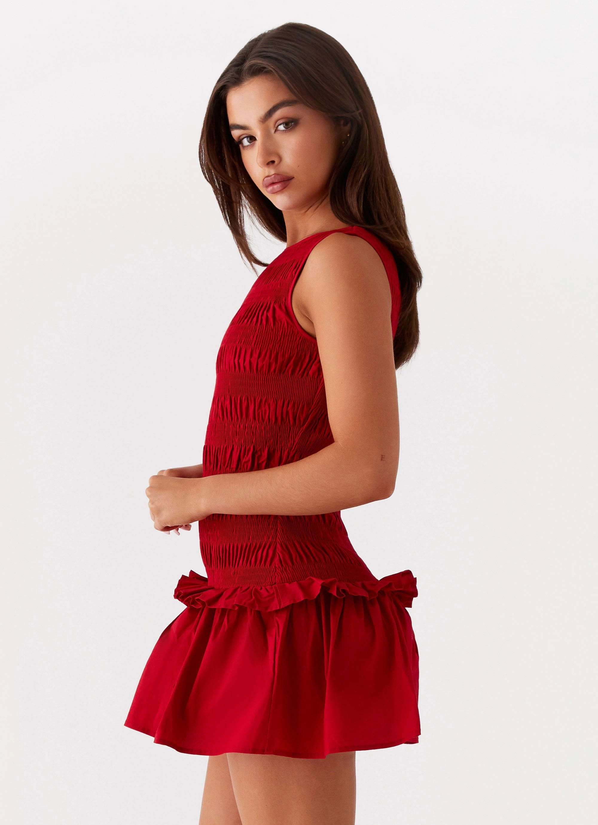 Garden Kisses Shirred Mini Dress - Red Layered Fit