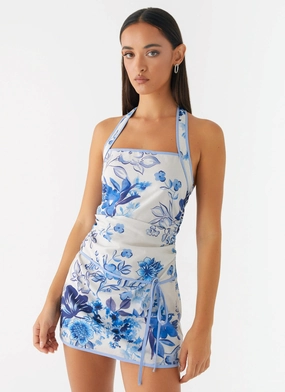 Garden Party Mini Dress - Serene Sky Floral Subtle Drape