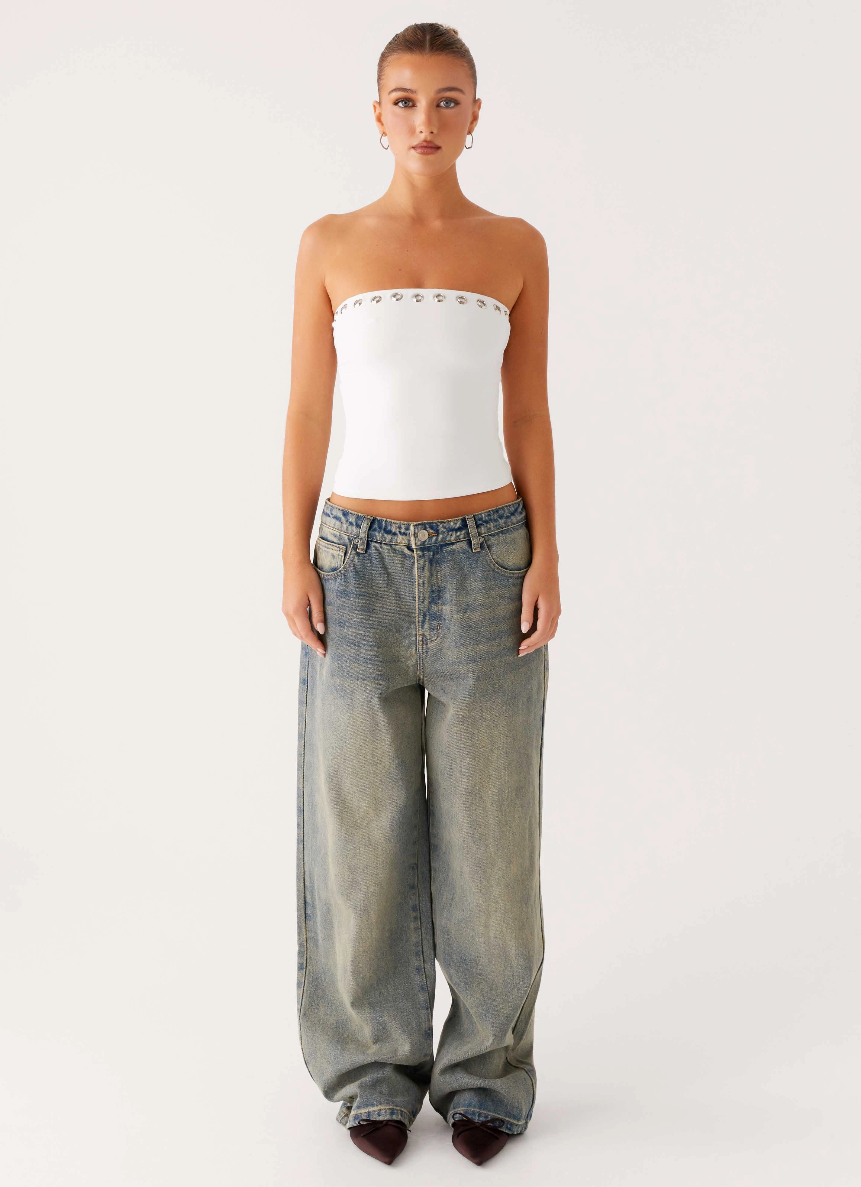 Miku Eyelet Strapless Top - White DroppedShoulder