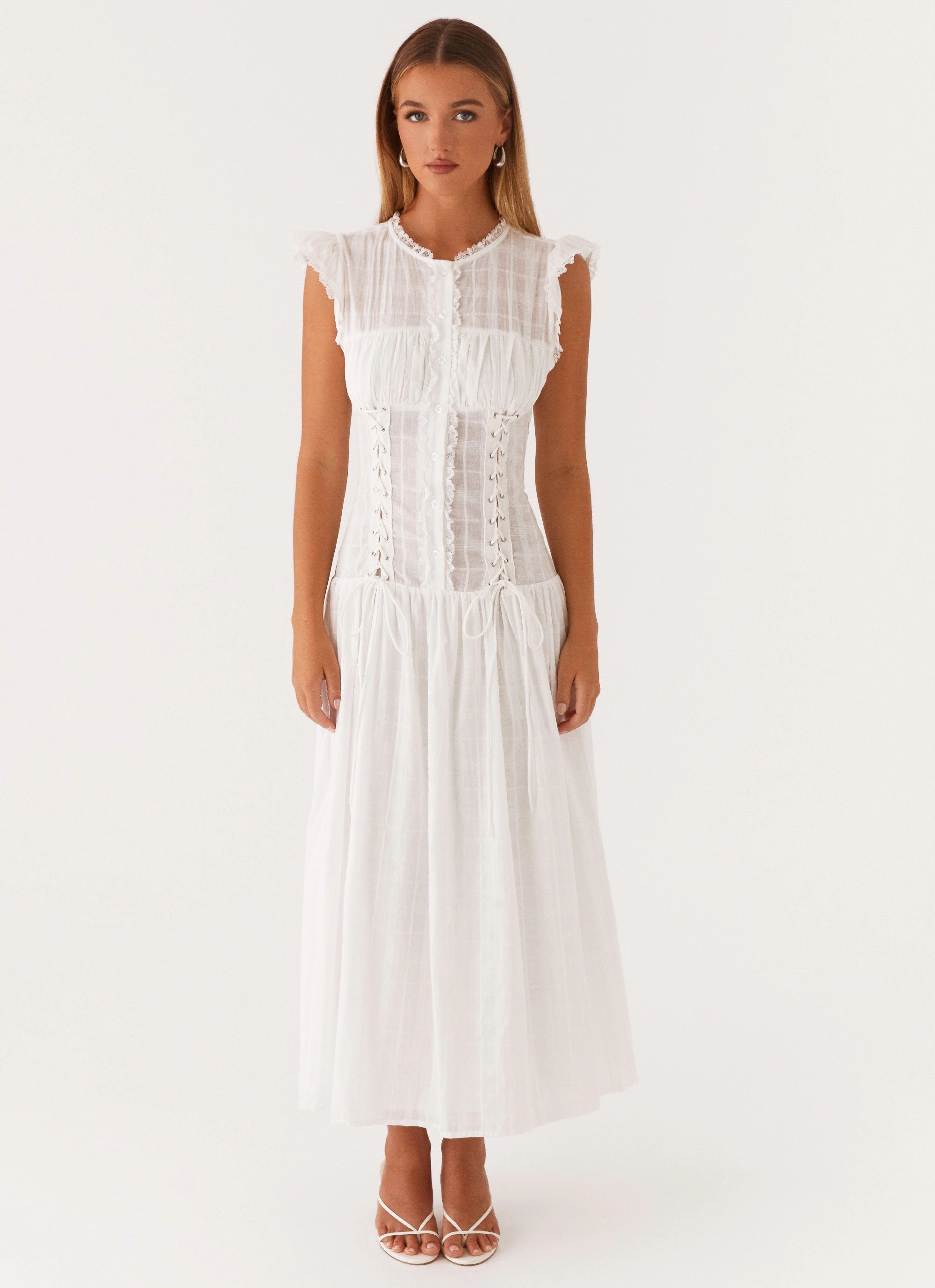 Genevieve Midi Dress - White Shiny-Lining Sleek Design