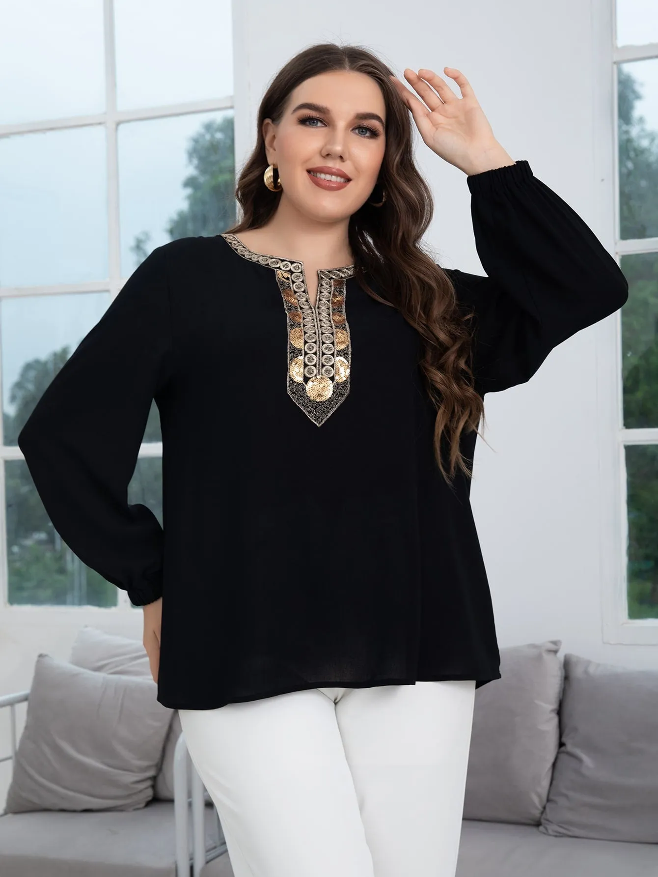 Geometric Contrast Sequin Long Sleeve Notched Regular Plus Size Blouse