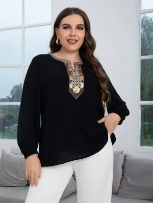 Geometric Contrast Sequin Long Sleeve Notched Regular Plus Size Blouse