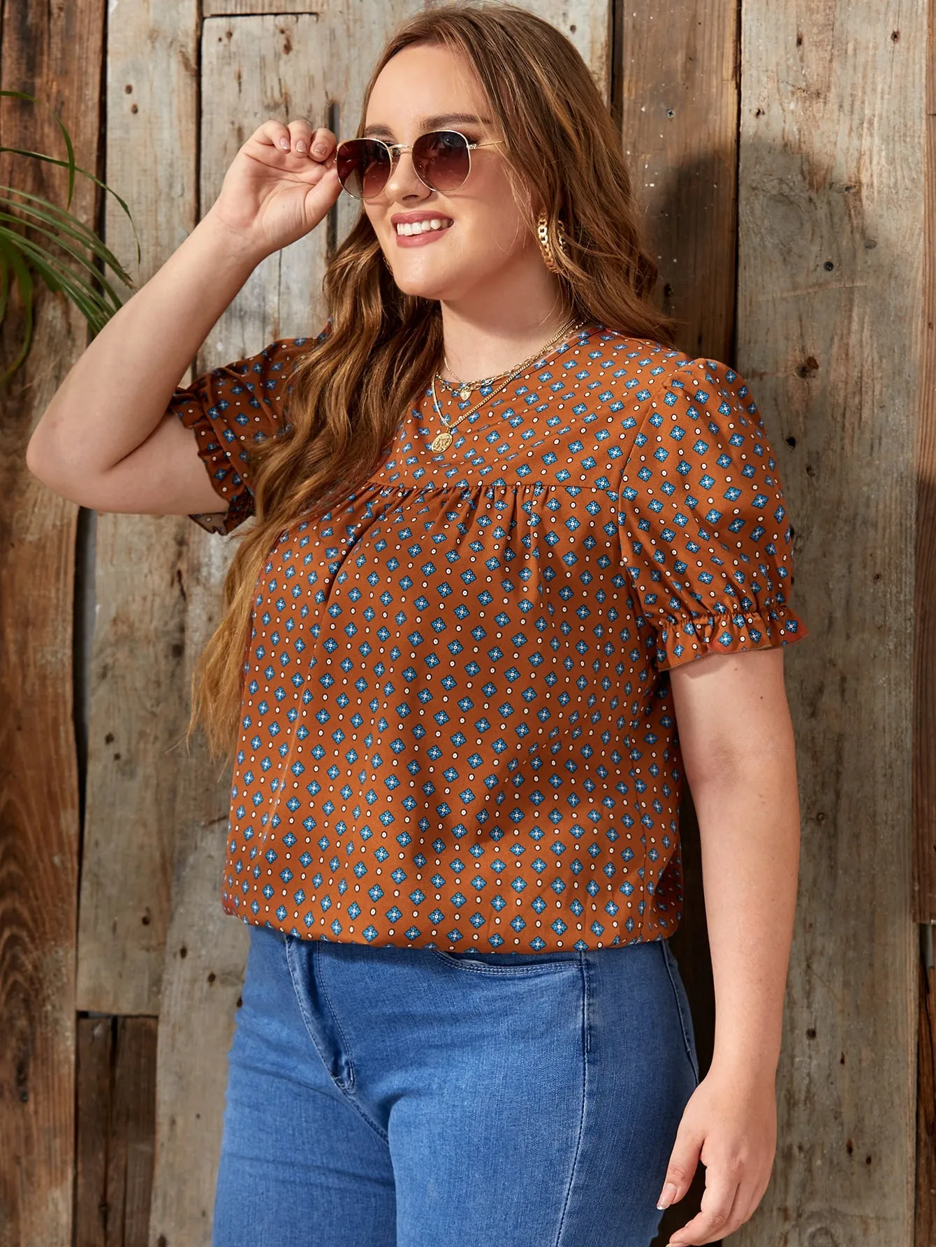 Geometric Frill Short Sleeve Round Neck Regular Plus Size Blouse